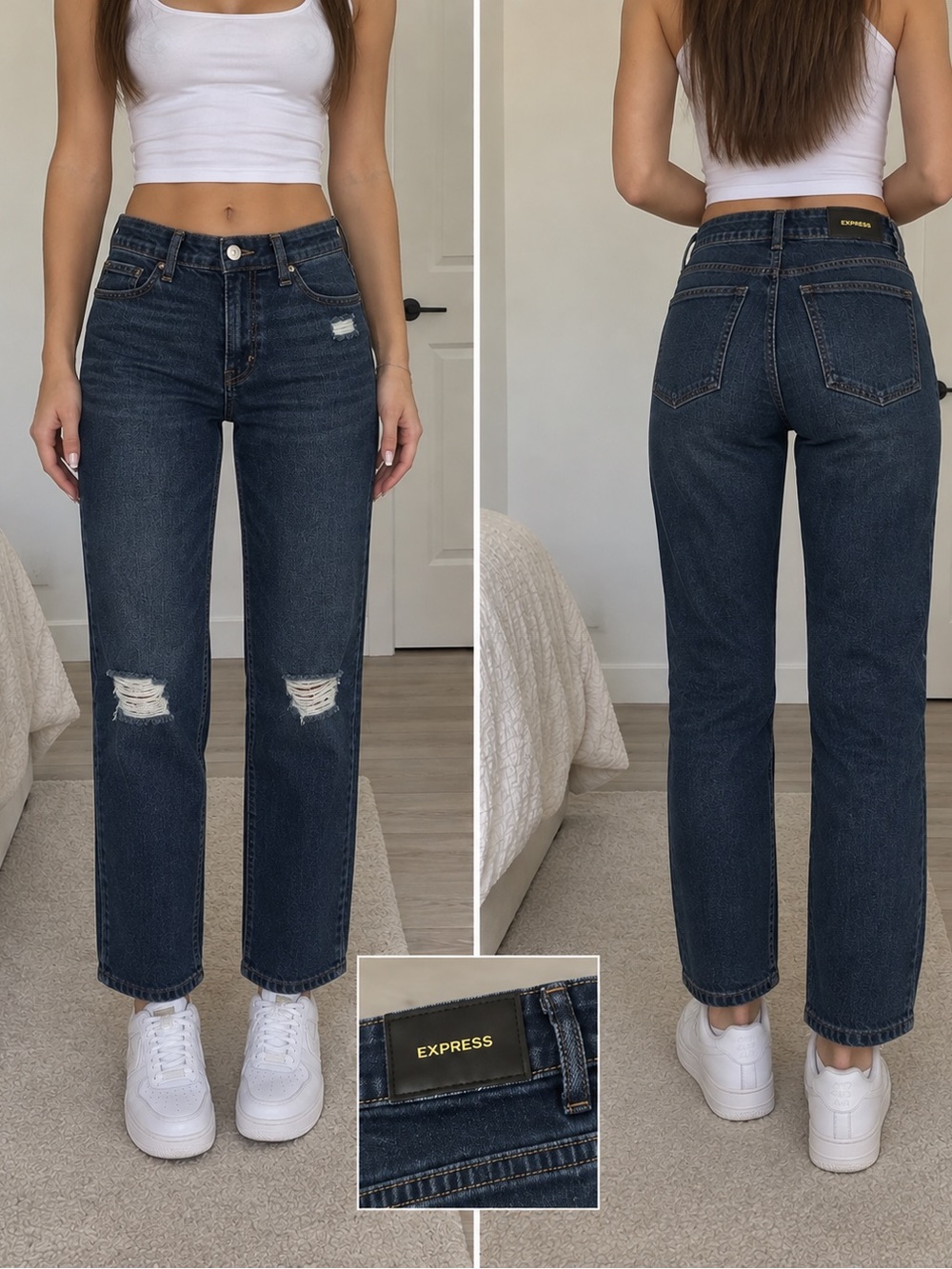 Express Dark Indigo Straight Leg Jeans with Knee Distress